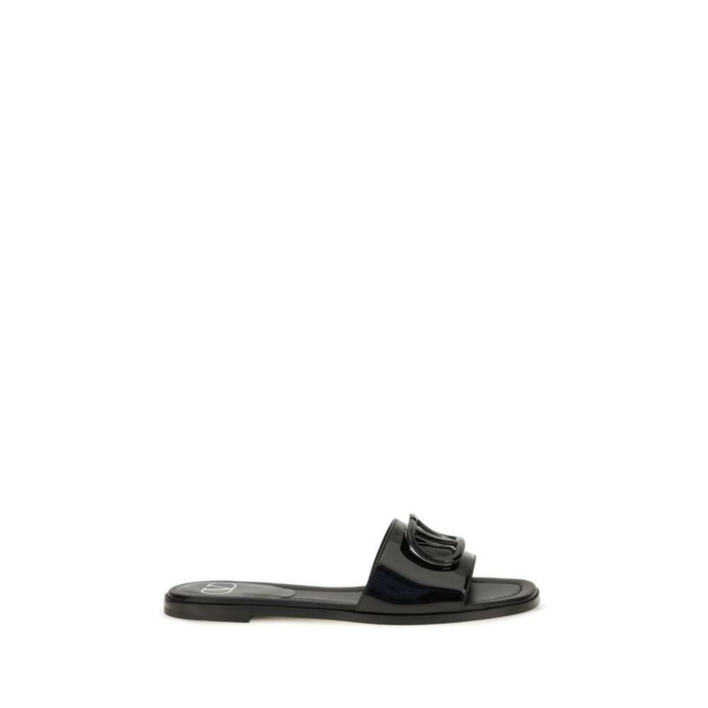 Valentino Garavani Black Calf Leather Bos Taurus Flat Women's Sandals